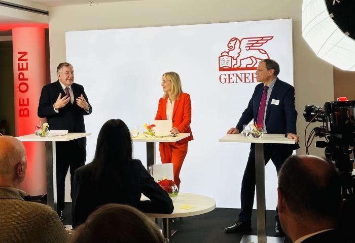 Christoph Ahlhaus (Vorsitzender Bundesgeschäftsführung BVMW. Der Mittelstand), Moderatorin Dr. Andrea Timmesfeld (Leiterin Public Affairs Generali), Jean-Pierre Schmid (Generali Chief Human Resources und Organization Officer)