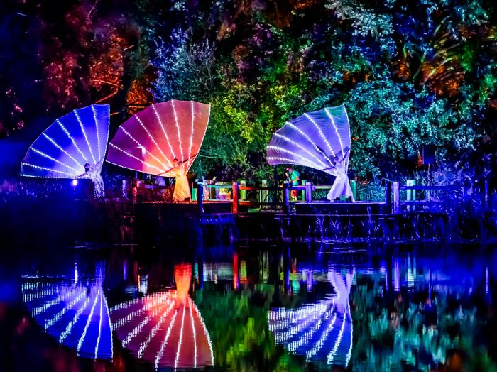 Licht, Tanz und leuchtende Farben: Bei der Britzer Gartennacht verwandelt sich der Park in eine fantastische Bühne unter freiem Himmel