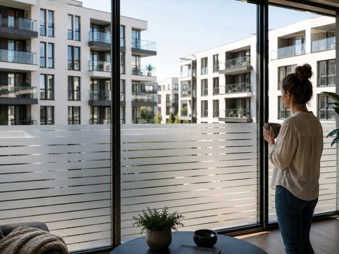 Bodentiefe Fenster und eng bebaute Wohnquartiere erhöhen den Bedarf an Sichtschutzfolien. Lösungen wie Fensterfolien ermöglichen Privatsphäre, ohne auf Tageslicht verzichten zu müssen