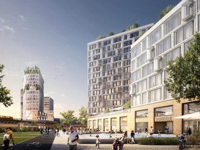 Konzeptdarstellung eines der geplanten Gebäude im Quartier Urbane Mitte am Gleisdreieck. Die Visualisierung illustriert die angestrebte Mischnutzung mit Flächen für Büro, Einzelhandel, Gastronomie und soziale Infrastruktur