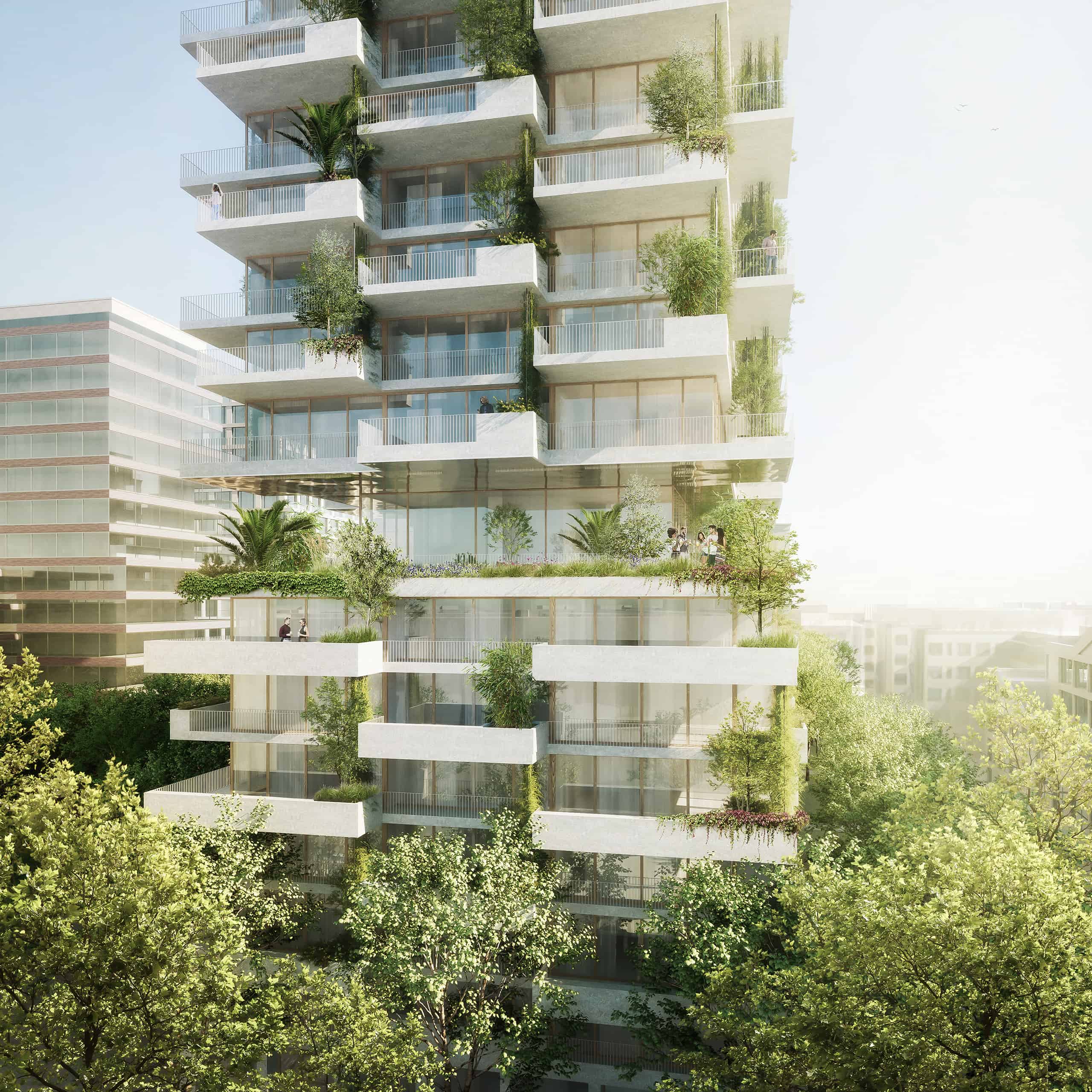 Visualisierung Spreebord-Turm von Grüntuch Ernst Architekten: Begrünte Terrassen und differenzierte Fassadenstruktur prägen das Hochhauskonzept | Grüntuch Ernst Architekten
